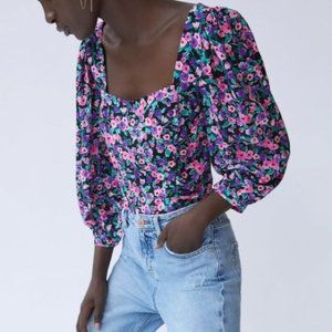 New Zara Womens XS Crop Top Blouse 3/4 Puff Sleeve Pink Purple Floral Smocked